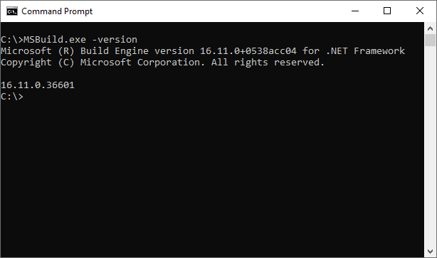 `MSBuild.exe -version` command run to check the current version after the path was added to environment variables.     