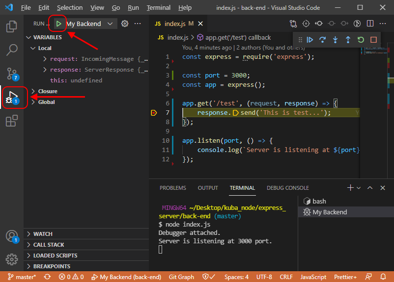 VS Code debugger used with Express.js application.