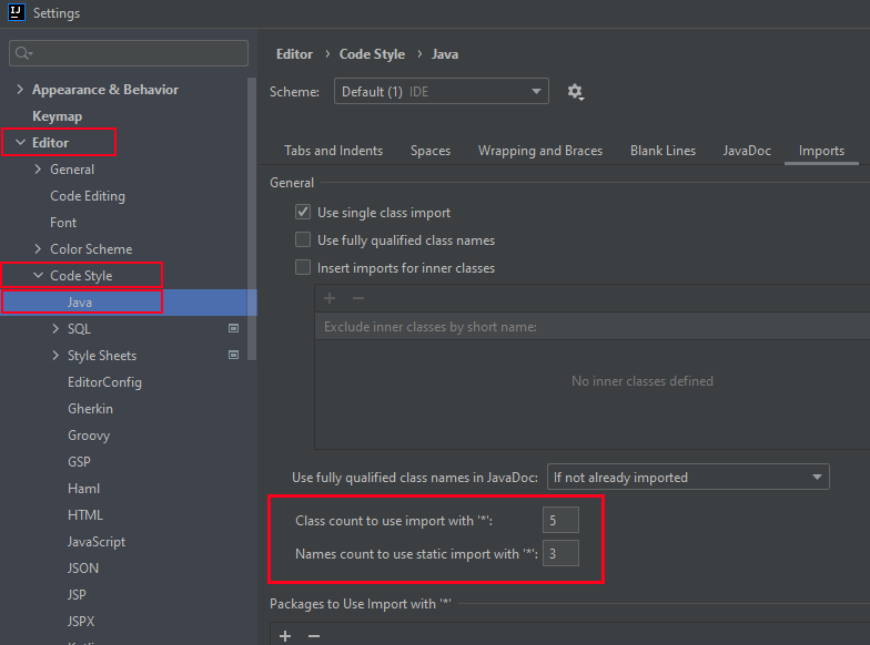 Intellij Idea - default settings for wildcard imports