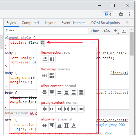 Flexbox google chrome devtools utils