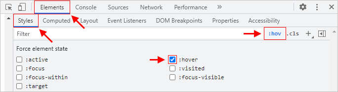 Chrome DevTools - Trigger hover event (:hover)