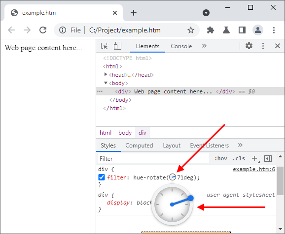 Chrome DevTools - Degrees selector