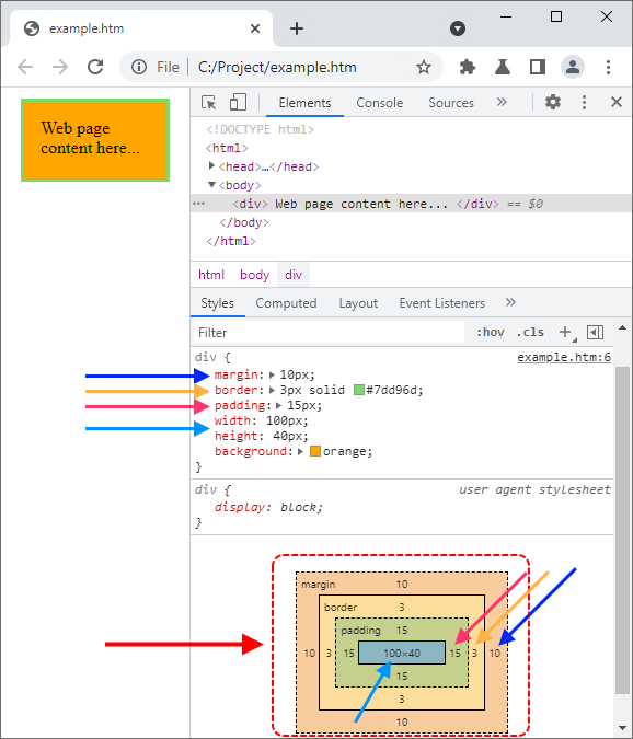 Chrome DevTools - Box model preview