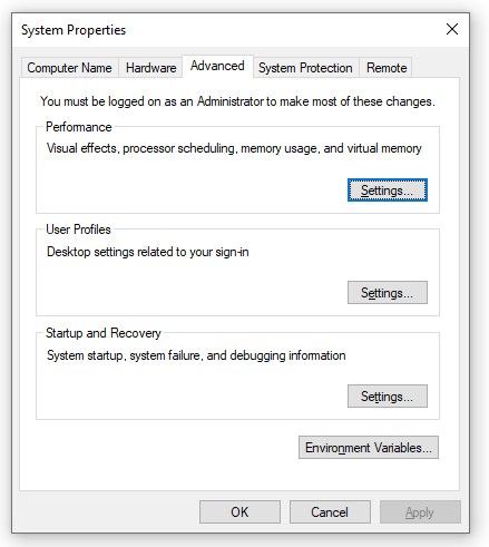 Windows 10 - advanced system settings
