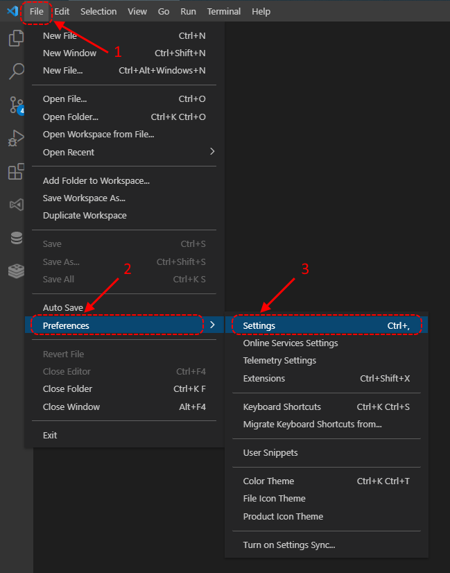 VS Code settings in application menu under Windows or Linux.