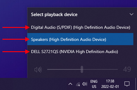 Windows 10 available audio devices list.