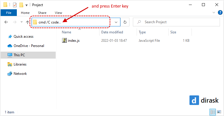 Open VS Code in current File Explorer directory under Windows - Example.