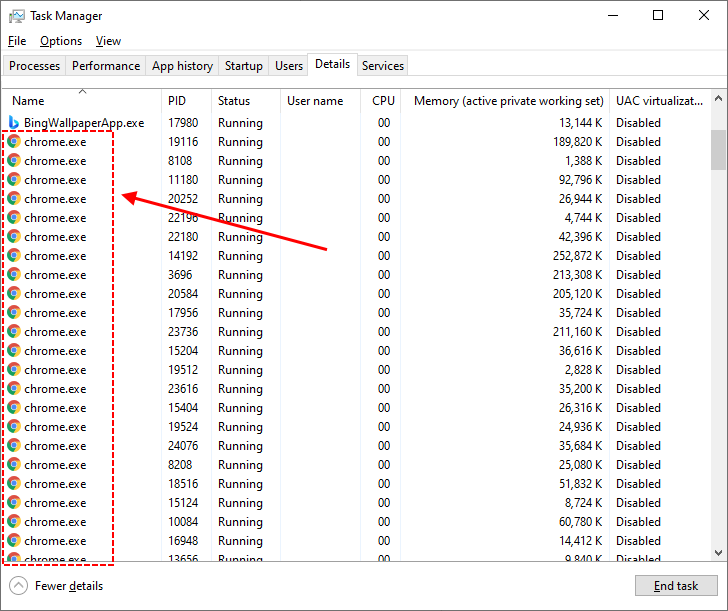 Google Chrome Web Browser visible multiple times in Task Manager under Windows.