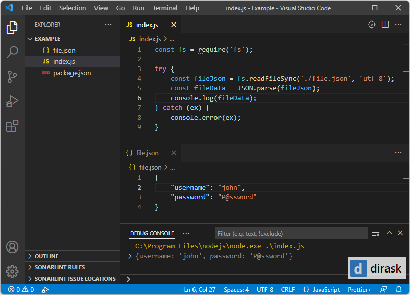 JSON file reading example under Node.js.