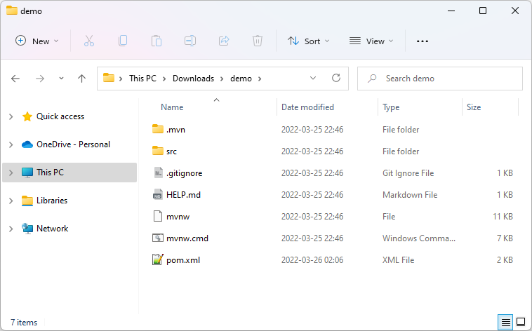 Wygenerowany i rozpakowany projekt Spring Boot 2.