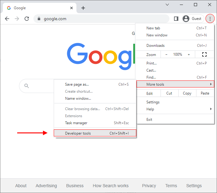Google Chrome - open developer tools 