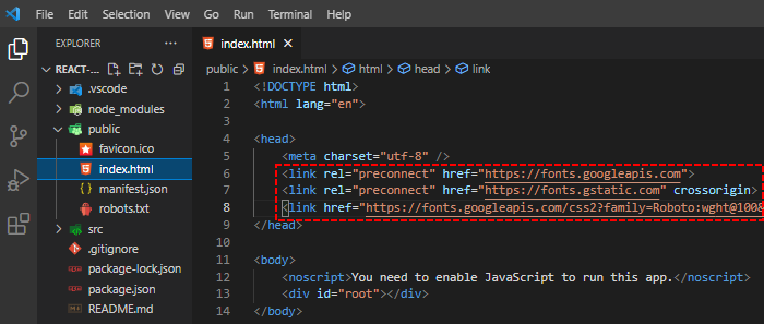 React - paste Google Font code into index.html file