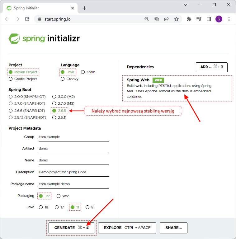 Generowanie projektu dla aplikacji Spring Boot 2.