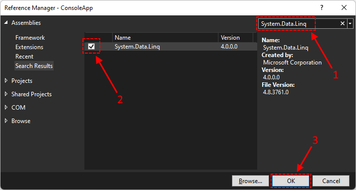 Dodawanie do projektu C# /.NET Framework referencji do System.Data.Linq.