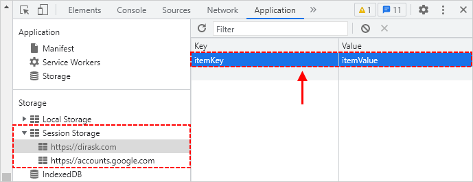 Chrome developer tools - sessionStorage view