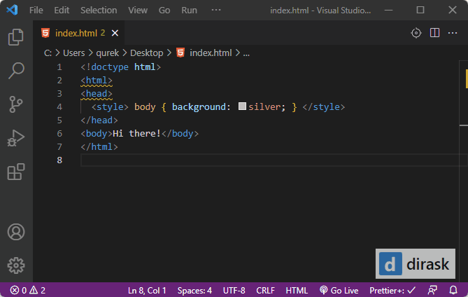 VS Code used to format HTML source code (installed Prettier formatter).