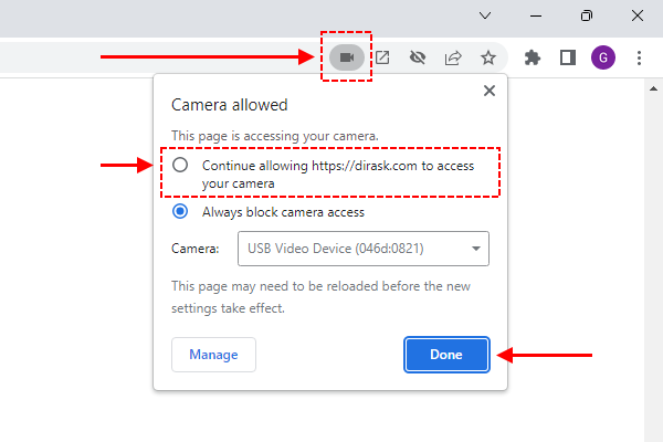 Giving permissions to use web camera under Google Chrome web browser.