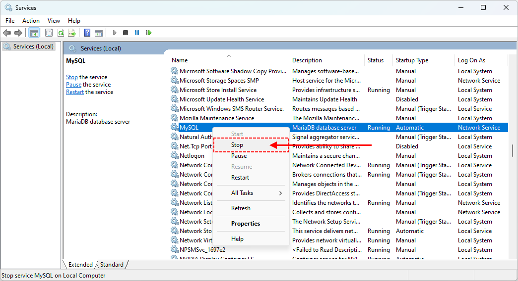 Stopping MySQL / MariaDB server under Windows 11 using Services application.