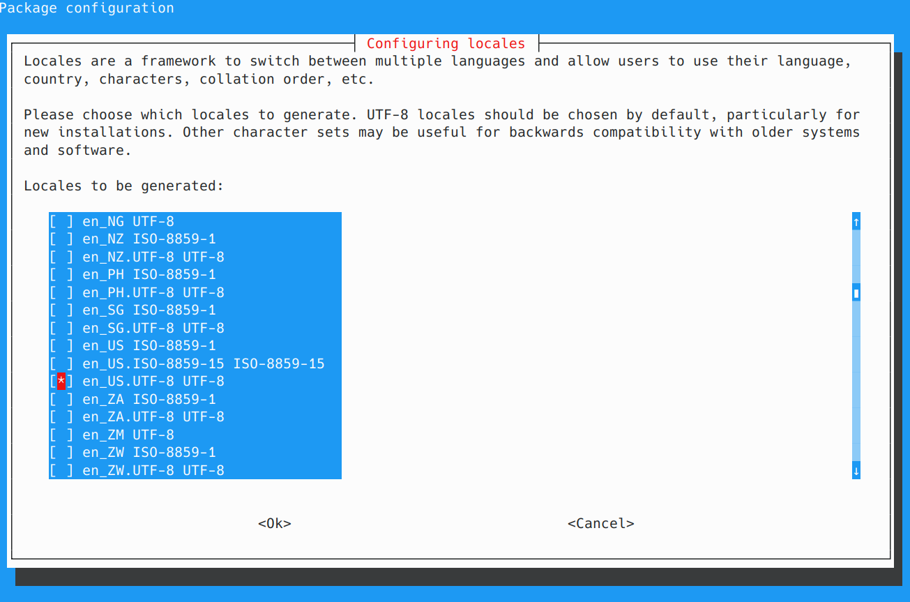 Selecting locales to be generated under Debian.